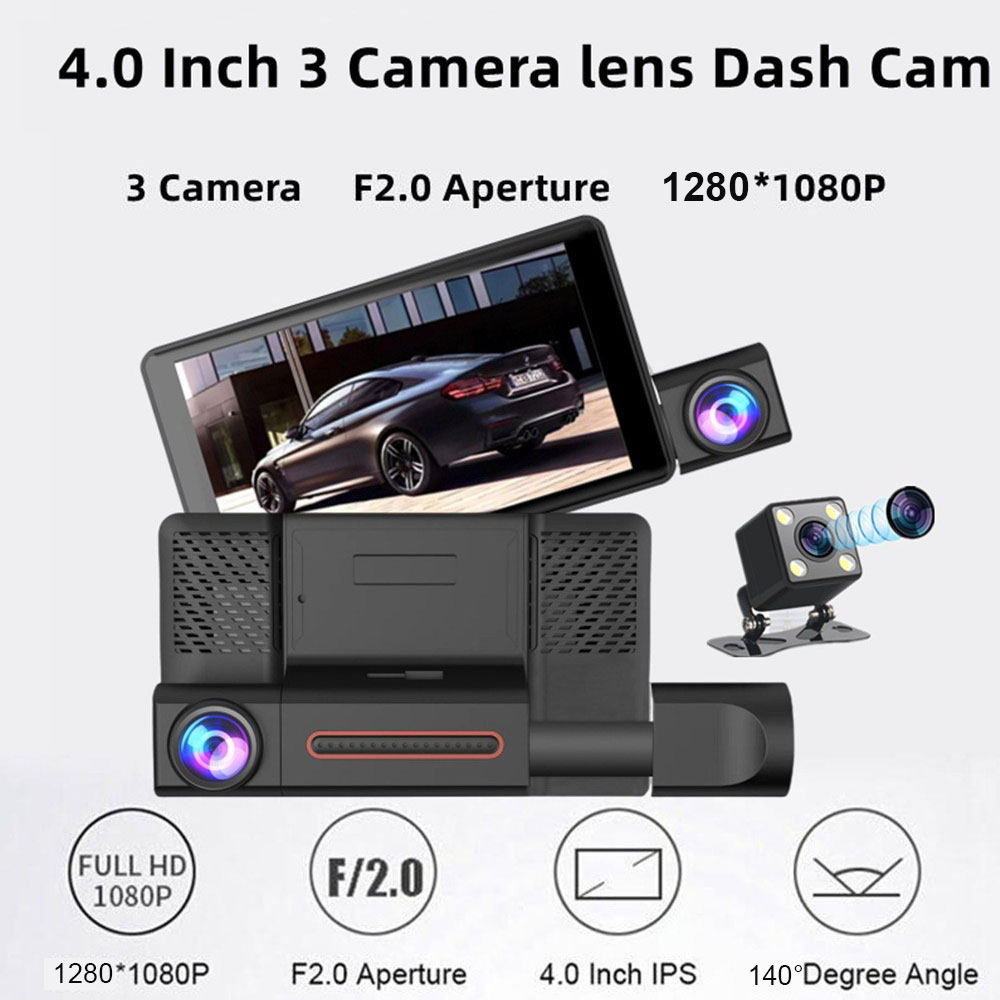 3‑Channel Car Dash Cam | 1080P Front Cabin Rear Car Drive Camera with 4‑Inch Display